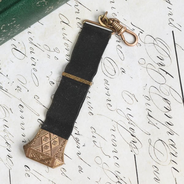 Antique Rolled Gold Ribbon Fob Black Watch Guard Dog Clip Engraved Tab Mourning - 2