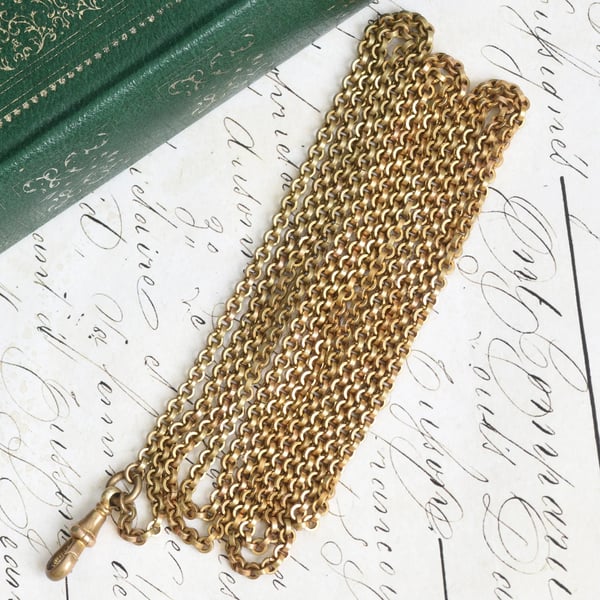 Antique Gilt Long Guard Chain Muff Chain Dog Clip Belcher Link Necklace
