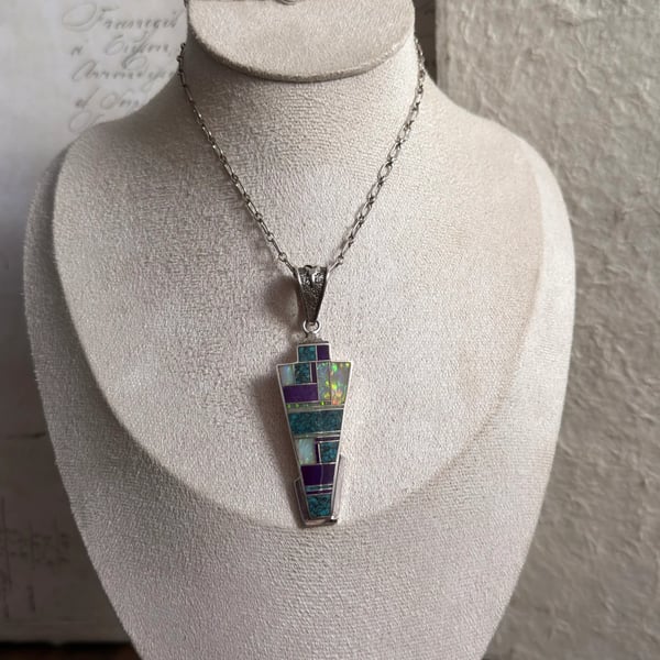Supersmith David Rosales Sterling Silver Inlay Pendant Opal Turquoise Sugilite Native American - 2