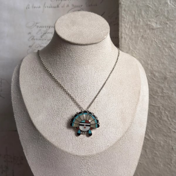 Vintage Zuni Sunface Inlay Brooch Pendant Sterling Silver Turquoise Coral Native American Signed - 2