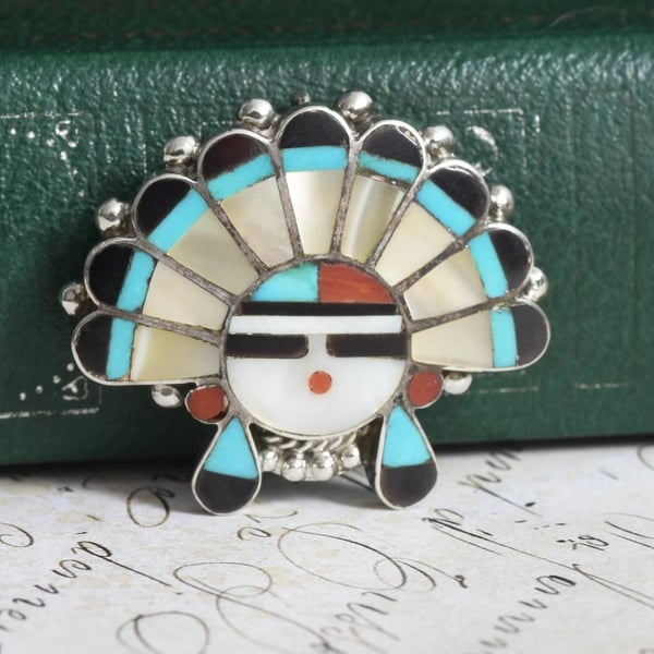 Vintage Zuni Sunface Inlay Brooch Pendant Sterling Silver Turquoise Coral Native American Signed