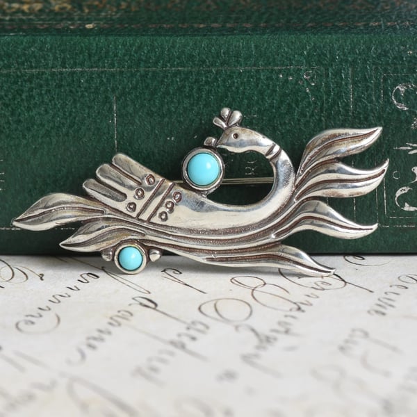 Vintage Sterling Silver Bird Brooch Turquoise Repousse Figural Pin