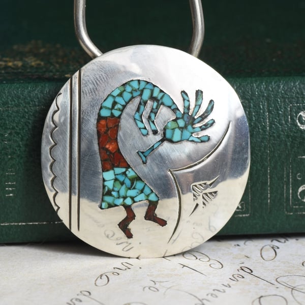 Southwestern Sterling Silver Kokopelli Pendant Turquoise Coral Inlay Keychain Flute Player