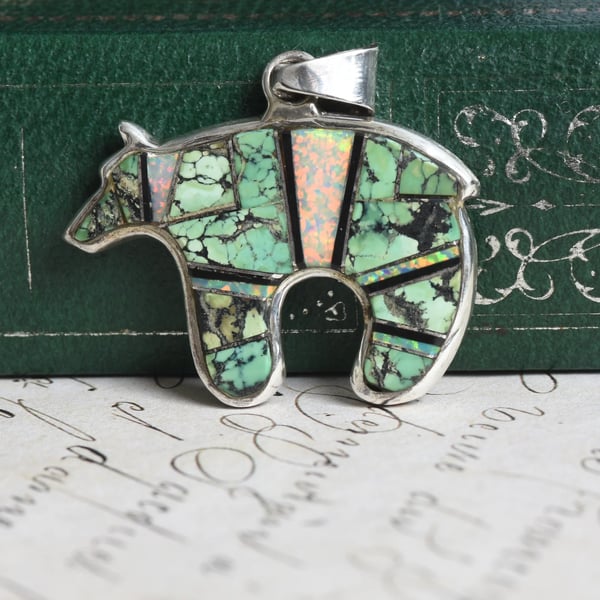 Vintage Southwestern Silver Spirit Bear Pendant Turquoise Opal Inlay Reversible