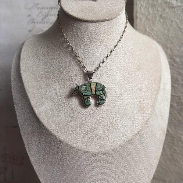 Vintage Southwestern Silver Spirit Bear Pendant Turquoise Opal Inlay Reversible  - 2