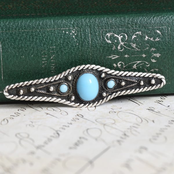 Silver Bar Brooch Blue Synthetic Turquoise Cabochon Rope Twist Boho Southwestern Vintage