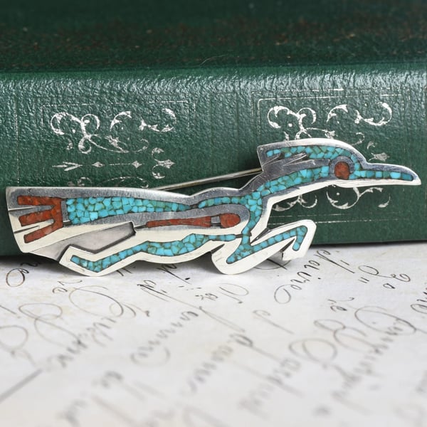 Tommy Singer Navajo Sterling Silver Roadrunner Brooch Turquoise Coral Chip Inlay Signed - 2