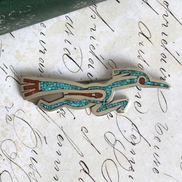 Tommy Singer Navajo Sterling Silver Roadrunner Brooch Turquoise Coral Chip Inlay Signed
