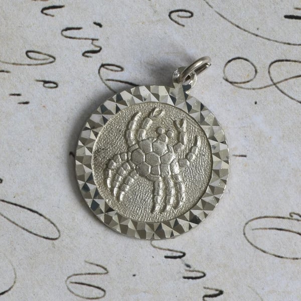 Silver Cancer Zodiac Pendant Crab Star Sign Charm Diamond Cut Birthday Horoscope Vintage