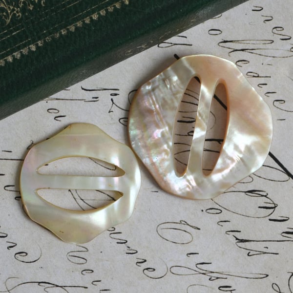 Mother of Pearl Sash Buckle Pair Carved Shell Belt Slide Nacre Iridescent Vintage