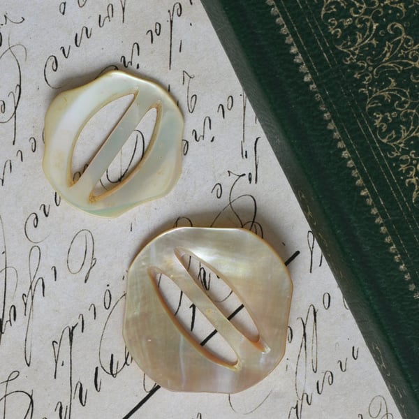 Mother of Pearl Sash Buckle Pair Carved Shell Belt Slide Nacre Iridescent Vintage - 2