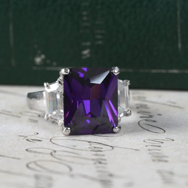 Sterling Silver Purple Stone Cocktail Ring Emerald Cut Baguette Statement 925