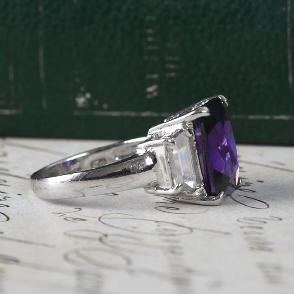 Sterling Silver Purple Stone Cocktail Ring Emerald Cut Baguette Statement 925 - 2