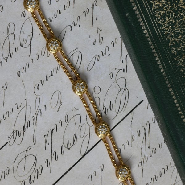 Swarovski Gold Tone Pave Crystal Station Bracelet Clear Stone Double Curb Chain - 2