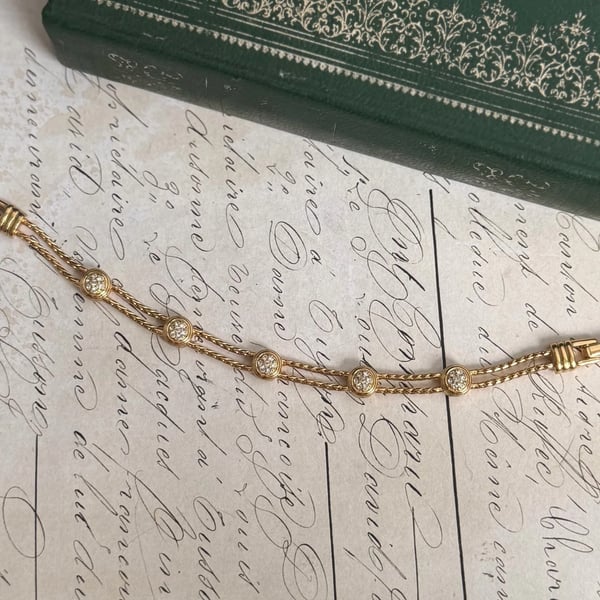 Swarovski Gold Tone Pave Crystal Station Bracelet Clear Stone Double Curb Chain