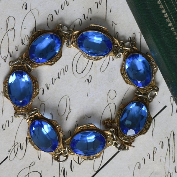Vintage Silver Gilt Marcasite Bracelet Blue Glass Oval Panel Link