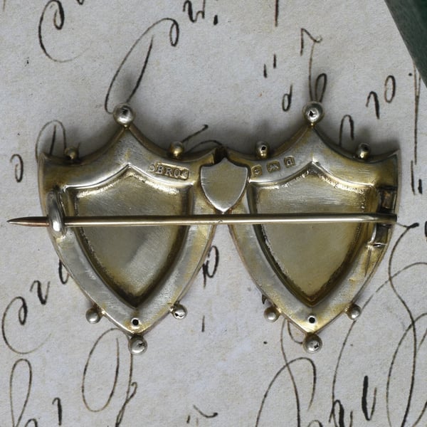 Antique Sterling Silver Mizpah Brooch Double Shield Engraved Sweetheart Love Pin - 2