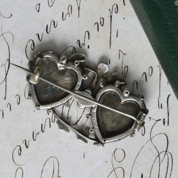 Antique Sterling Silver Mizpah Double Heart Brooch Faith Hope Charity Ivy Pin - 2