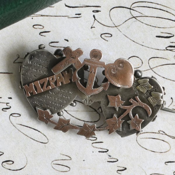 Antique Sterling Silver Mizpah Double Heart Brooch Faith Hope Charity Ivy Pin