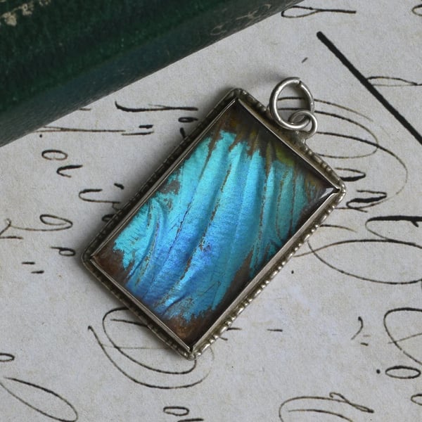 Vintage Silver Butterfly Wing Pendant Blue Morpho Rectangular Panel England Marked