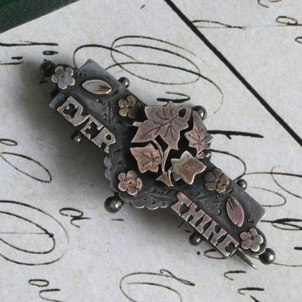 Antique Sterling Silver Ever Thine Bar Brooch Ivy Leaf Two Colour Sweetheart Love Token Pin