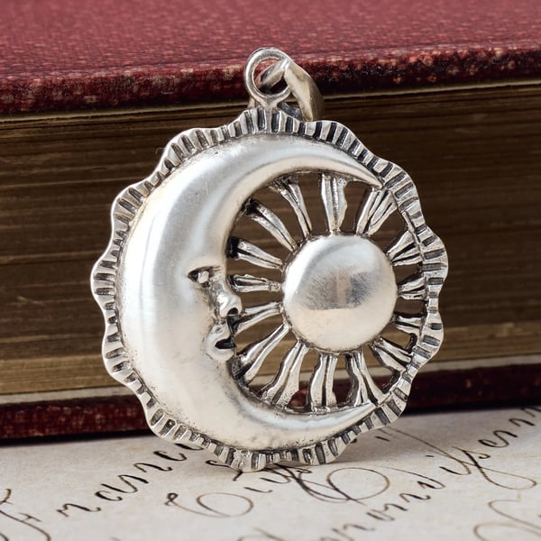 Sterling Silver Sun Moon Pendant Celestial Crescent Face Charm