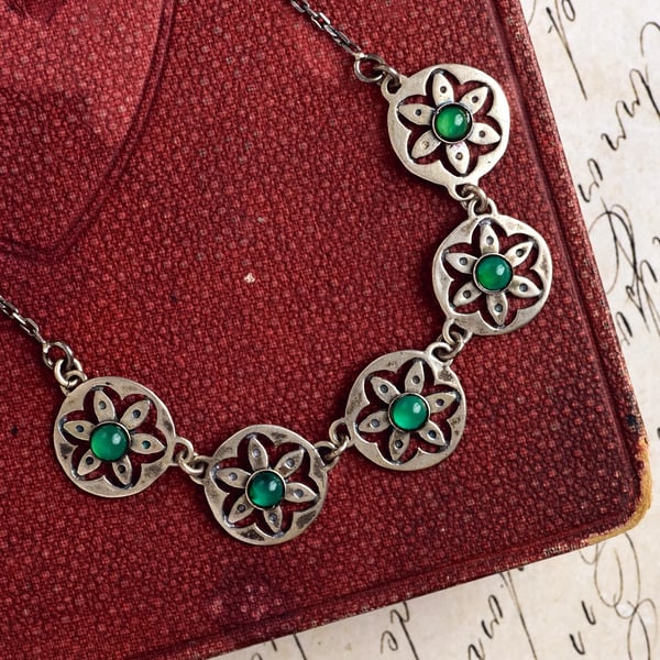 Vintage Sterling Silver Necklace Green Paste Cabochon Flower Panel Link Pierced Floral