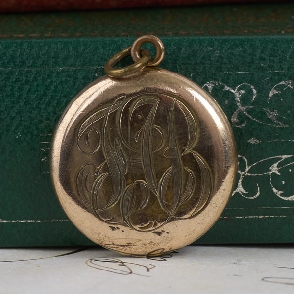 Antique Rolled Gold Photo Locket Pendant Engraved Monogram Round
