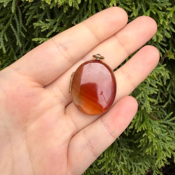 Antique Agate Photo Locket Pendant Double Sided Banded Stone Oval - 2