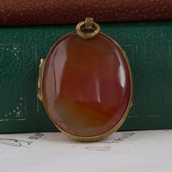 Antique Agate Photo Locket Pendant Double Sided Banded Stone Oval