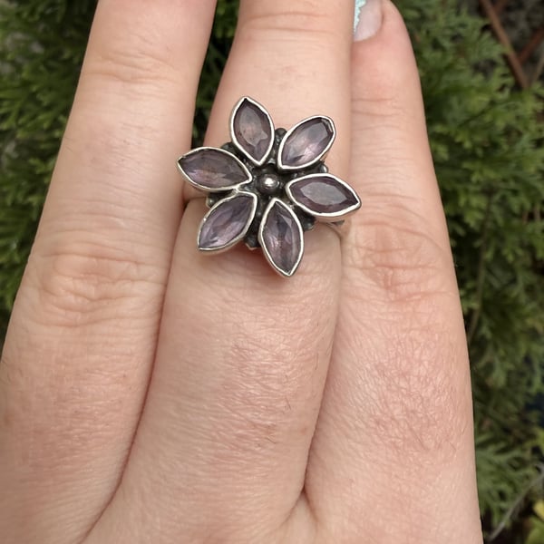 Sterling Silver Amethyst Flower Cluster Ring Purple 925 - 2