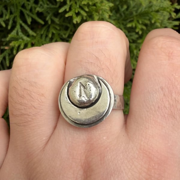 Vintage Silver Rune Ring Crescent Moon Norse Viking Laguz Band - 2