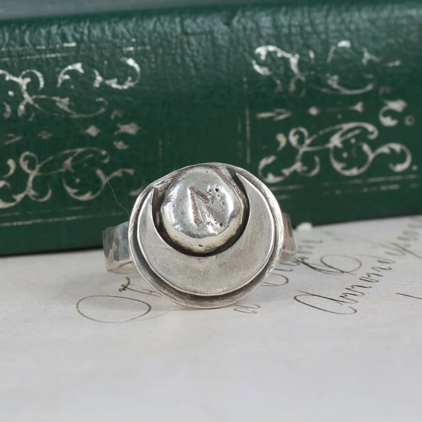 Vintage Silver Rune Ring Crescent Moon Norse Viking Laguz Band