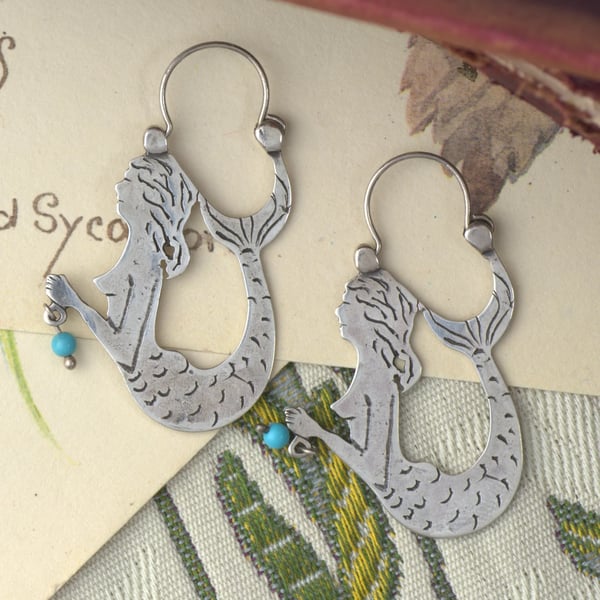 Vintage Silver Mermaid Earrings Large Hoop Bead Boho