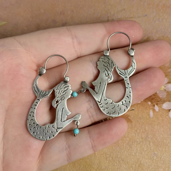 Vintage Silver Mermaid Earrings Large Hoop Bead Boho - 2