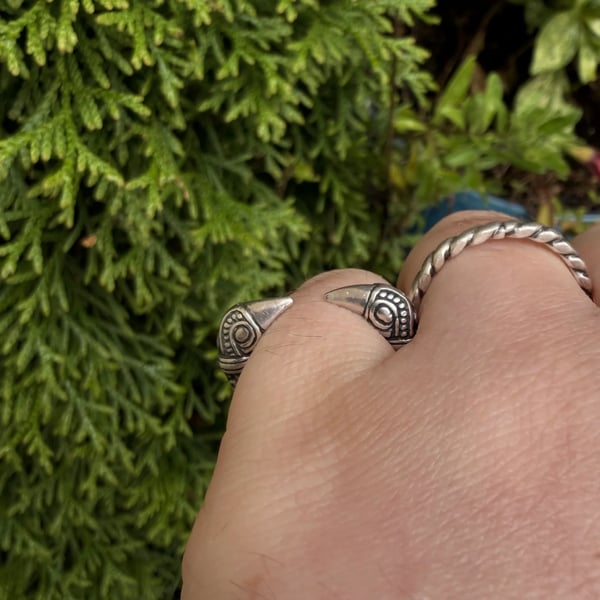 Sterling Silver Raven Head Ring Norse Viking Odin Band Twin Bird Spiral Eye 925 - 2