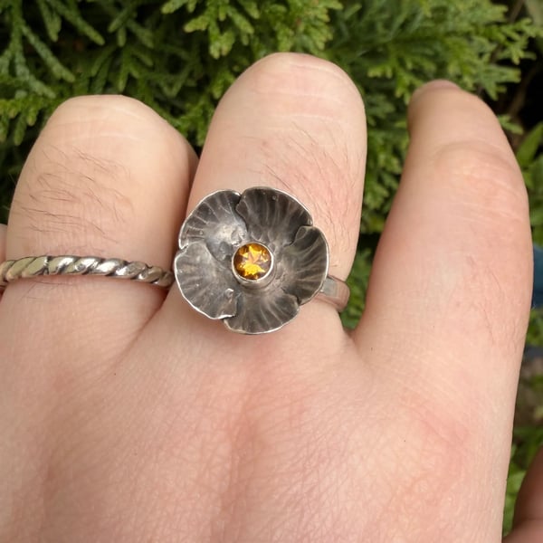 Vintage Sterling Silver Citrine Ring Flower Poppy Head Oxidised 925 - 2