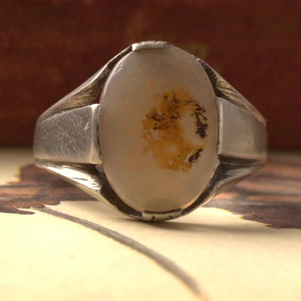Vintage Silver Dendritic Signet Oval Ring