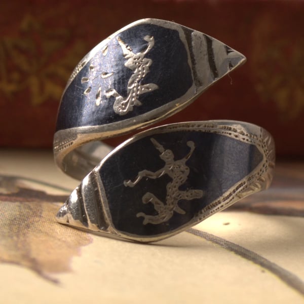 Vintage Niello Siam Enamel Sterling Silver Wrap Band Ring