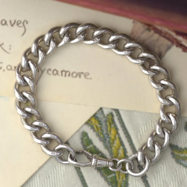 Antique Sterling Silver Curb Link Bracelet Charm Chunky Hallmarked Dog Clip 42g 1903