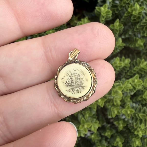 Vintage 12K Gold Filled Scrimshaw Sailing Ship Pendant Oval Clipper Maritime 1/20 - 2