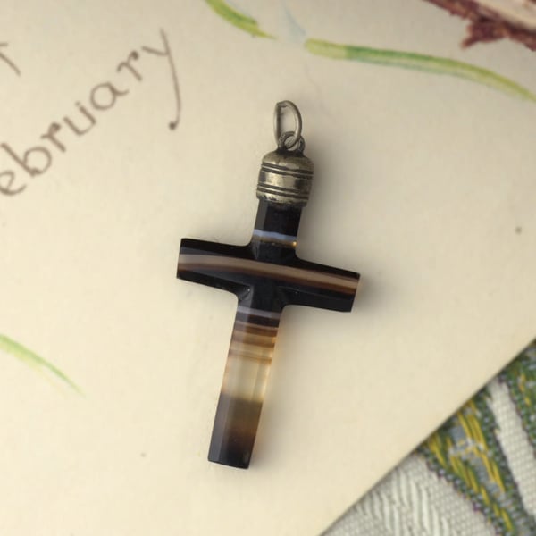 Antique Banded Agate Cross Pendant
