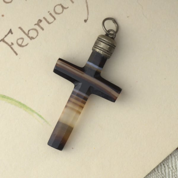 Antique Banded Agate Cross Pendant  - 2