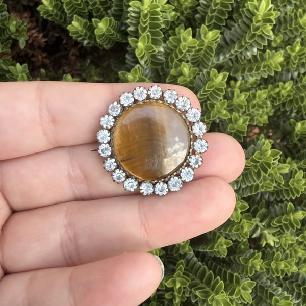 Antique Paste Tigers Eye Brooch Round Pin - 2