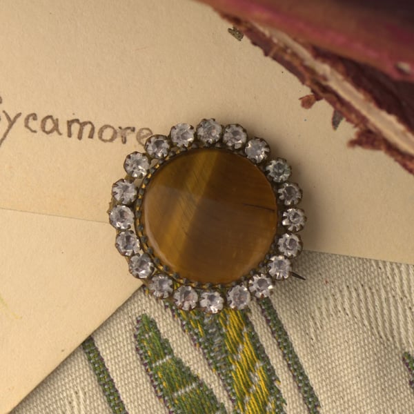Antique Paste Tigers Eye Brooch Round Pin