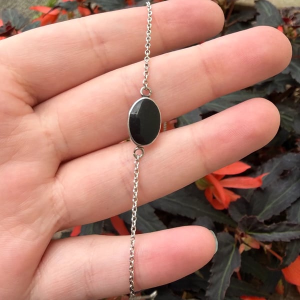 Vintage Sterling Silver Onyx Choker Dainty Chain Necklace Oval - 2