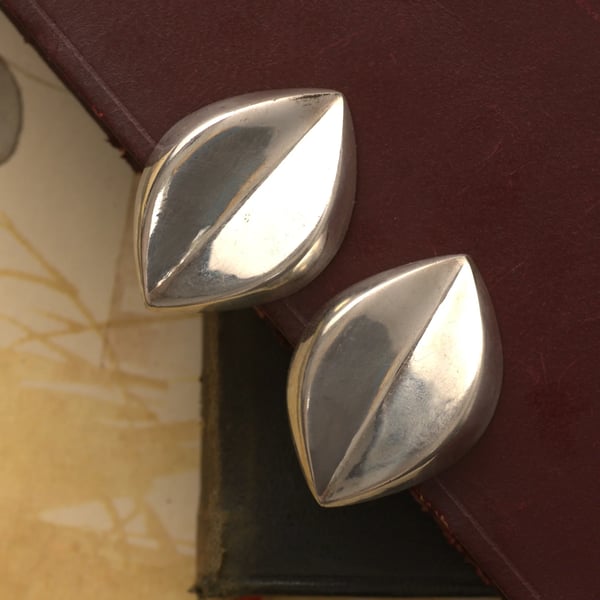 Vintage Sterling Silver Large Heavy Stud Earrings Petal Modernist