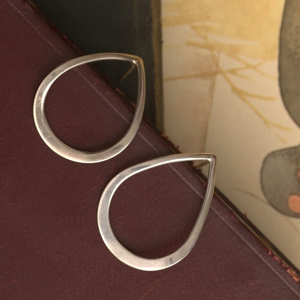 Vintage Sterling Silver Open Teardrop Large Stud Earrings