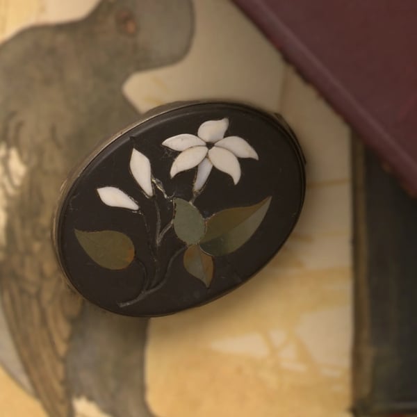 Antique Pietra Dura Sterling Silver Brooch Mourning Mosaic Stone Pin Flower