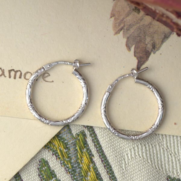 Vintage Sterling Silver Hoop Earrings Etched Italy 925